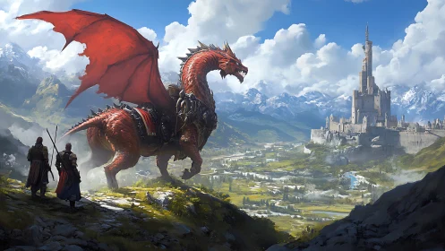 Armored red dragon overlooks distant mountain citadel