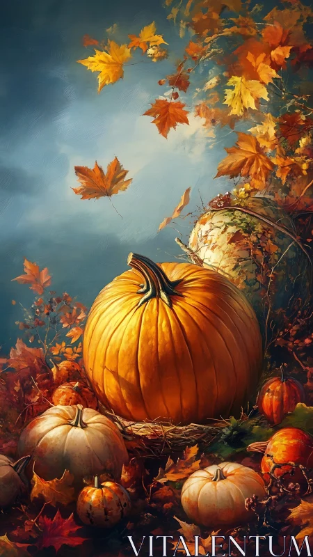 Autumn pumpkins rest under swirling leaves in painterly light