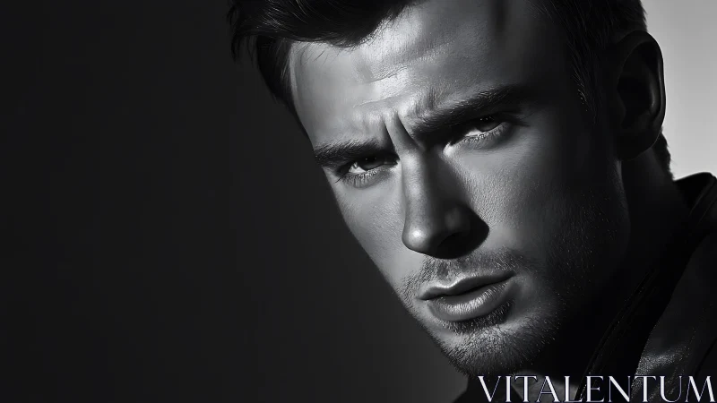 Moody black and white close-up portrait of intense man.