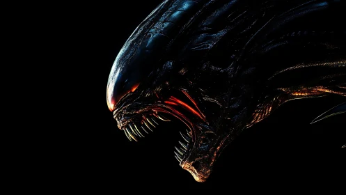 Side profile of biomechanical alien creature head in dark space.