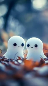 Gentle ghostly friends sharing a quiet autumn forest moment.