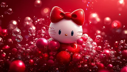 Hello Kitty Character Portrait Rendered in Vibrant Red Sphere Composition