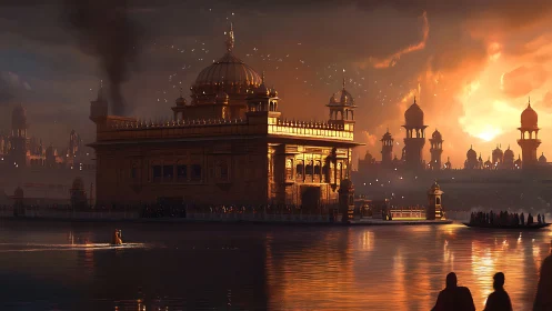 Golden temple sunset digital painting with reflective water plane.