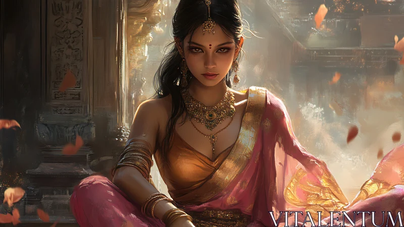 Elegant woman in traditional Indian attire, warm cinematic lighting.