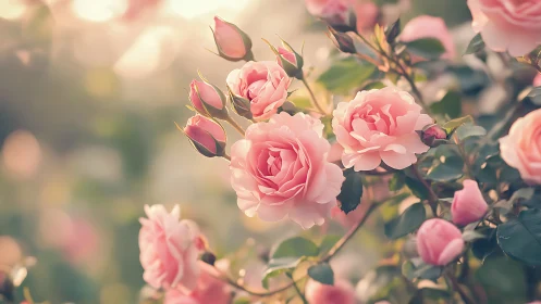 Pink garden roses in soft light. Blooming flowers with buds.