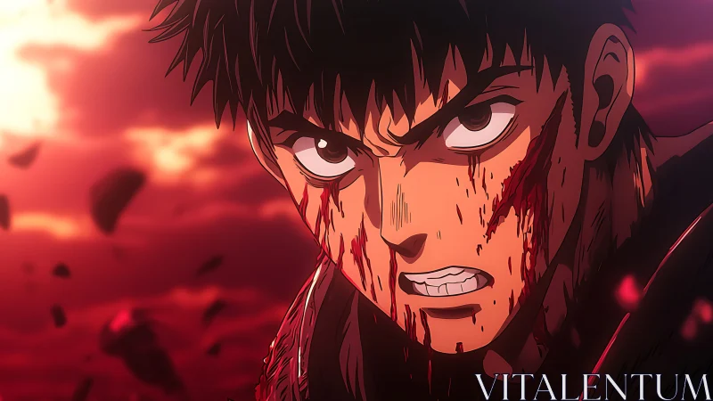 Bloodied anime warrior in intense red battle sky scene.