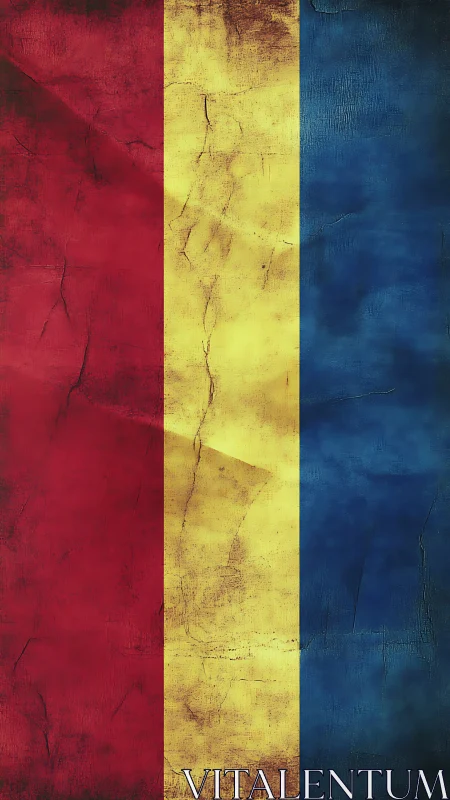 Vertical tricolor flag with worn red, yellow, blue texture.