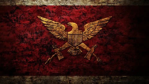 Golden winged eagle insignia on distressed crimson banner.