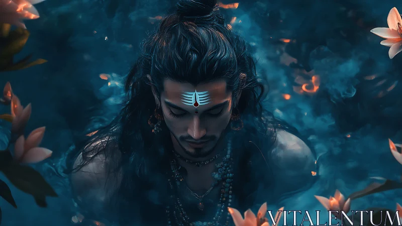 Meditative deity portrait in teal haze with glowing florals.