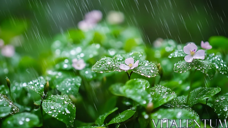 Pink woodland flowers catch fresh raindrops on lush leaves