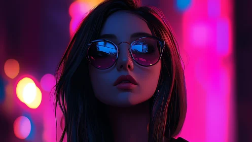 Neon night muse in mirrored shades beneath electric skies.