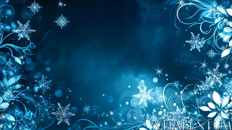 Blue winter background with glowing floral snowflakes.