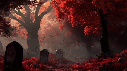 Cemetery path under scarlet canopy with volumetric autumn light