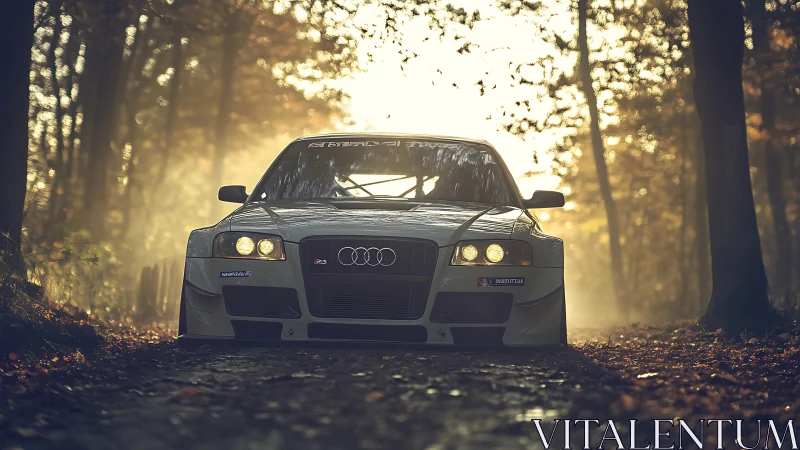 Track-tuned Audi RS roaring through misty autumn forest.