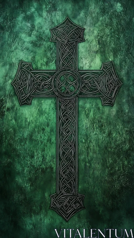 Celtic cross illustration on textured emerald background.