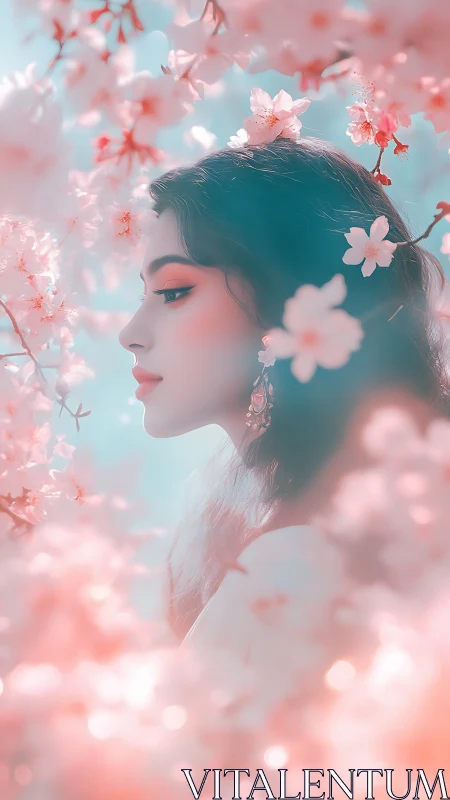 Side profile woman among soft pink cherry blossoms.