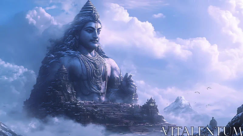 Mountain temple beneath a serene celestial guardian.