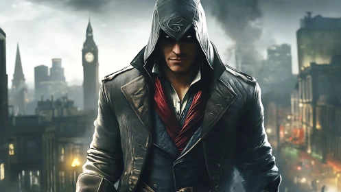 Mysterious hooded rogue strides through misty city streets.