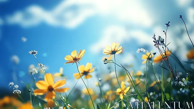 Sunlit Meadow Dream: Golden Daisies Dancing Against Blue Skies.