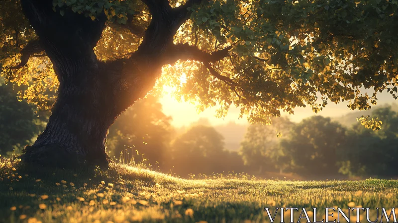 Golden sunrise light through old oak tree in meadow.