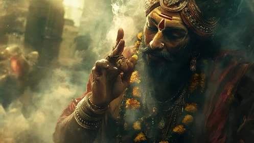 Mystic sage in swirling incense clouds gestures in quiet blessing.