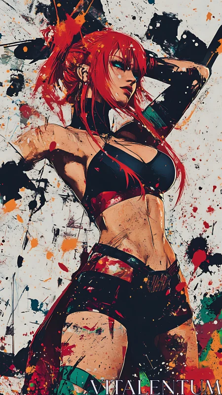 Red haired fighter stretches amid dynamic paint bursts
