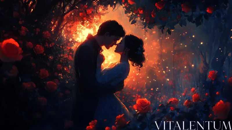 Two Hearts Burning Bright Amid Glowing Roses.
