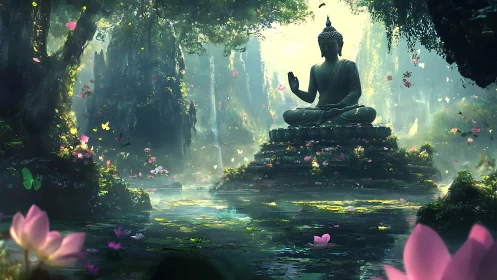 Lotus lagoon shrine where quiet butterflies guard peace.