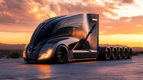 Futuristic semi truck concept glows under vivid desert sunset