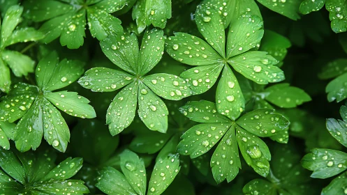 Rain-kissed clover leaves shimmer in a lush emerald tapestry.