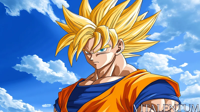 Golden haired anime warrior stands strong under bright skies