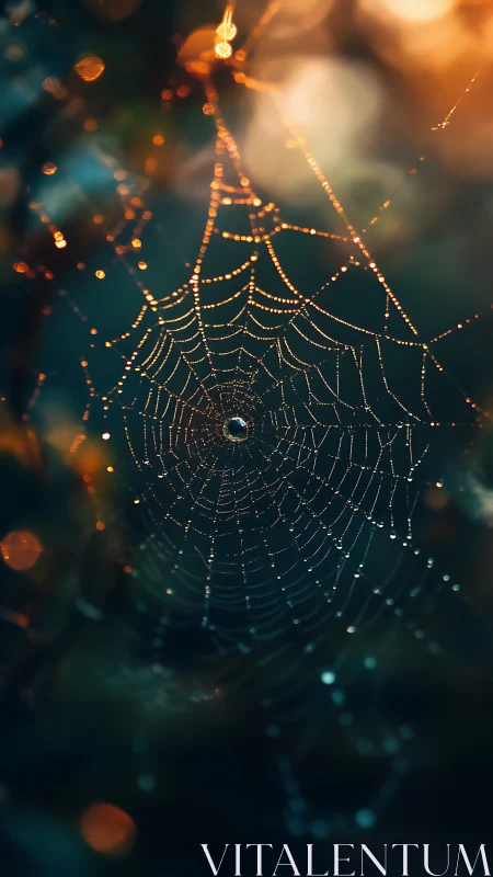 Macro dew-laden orb-weaver web in warm backlit bokeh field.