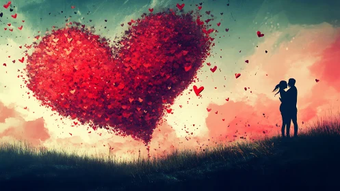 Two Hearts Reach for a Glowing Red Heart in Sky