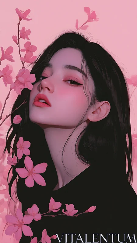 Digital portrait of woman with pink cherry blossoms.
