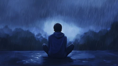 Solitary figure sitting in heavy nighttime rainstorm outdoors.