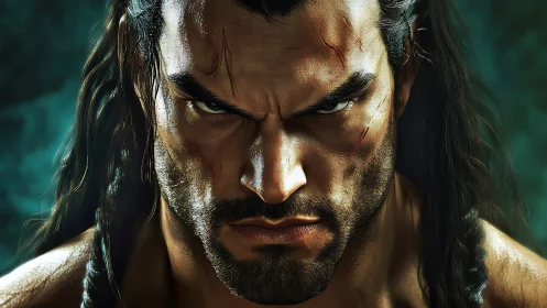 Battle-hardened warrior portrait with intense glare.
