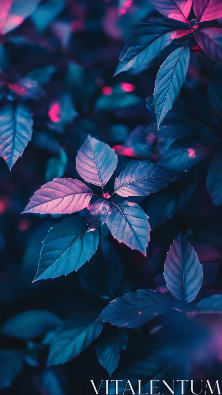 Dreamy neon leaves glowing softly in twilight hues.