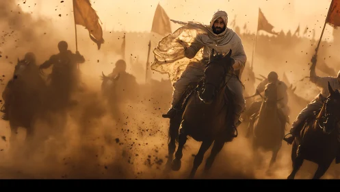 Cinematic equestrian charge through volumetric desert dust field.