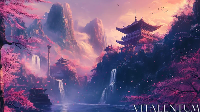 Mountain temples stand above waterfalls under diffuse sunset light