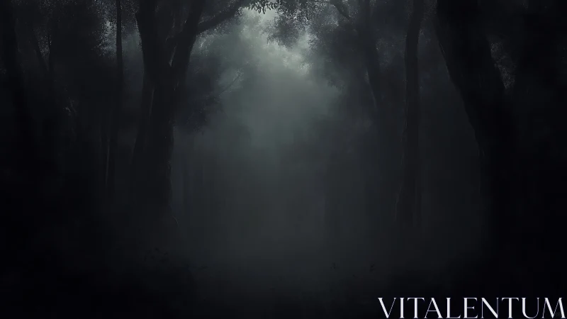 Soft-voiced fog drifts through a brooding midnight forest.