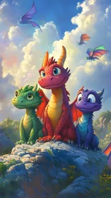 Tiny dragon trio surveys the cotton-candy adventure sky