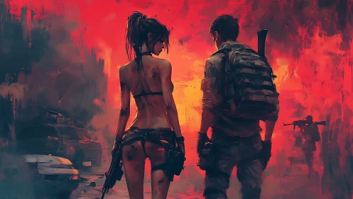 Two battle hardened survivors walk into the burning dusk together