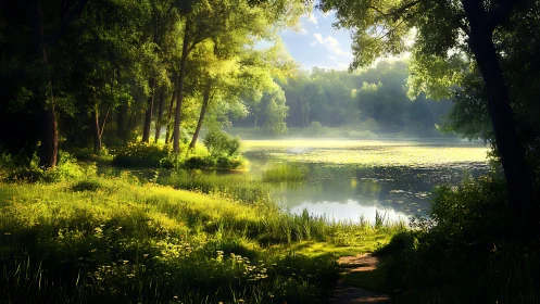 Sunlit River Forest Landscape with Morning Glow.