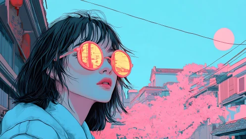 Woman in reflective sunglasses looks over pastel city street