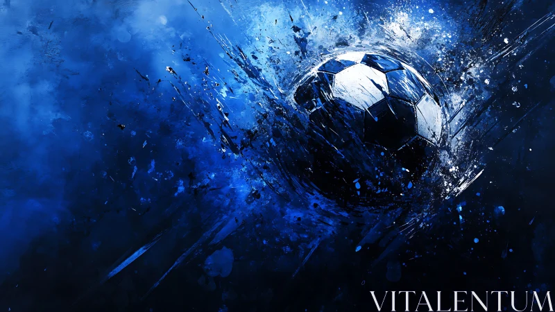Streaking midnight soccer ball shatters a galaxy of blue paint