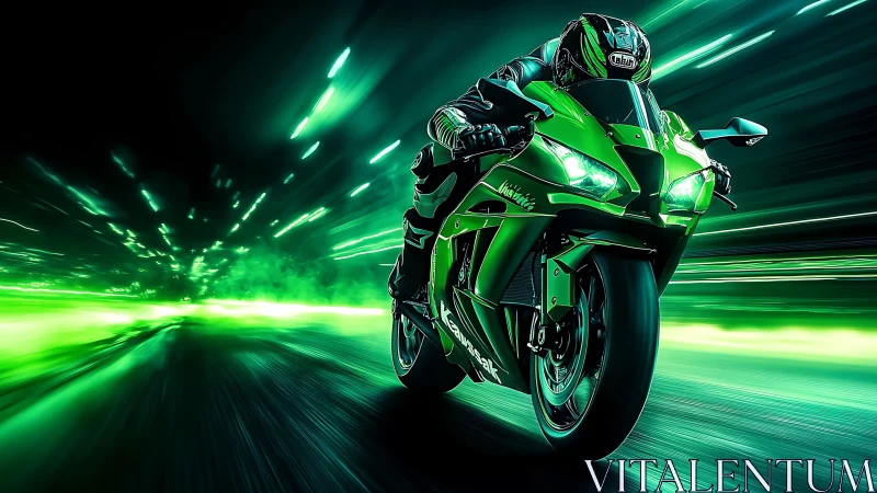 Neon green superbike races through a futuristic tunnel.