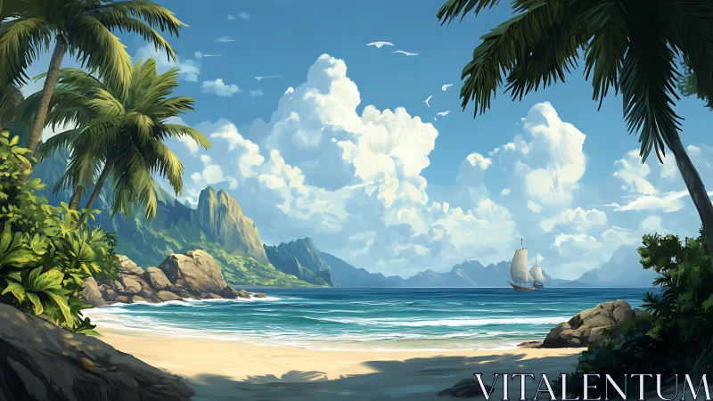 Tropical Archipelago Seascape: Digital Landscape Rendering with Atmospheric Depth.
