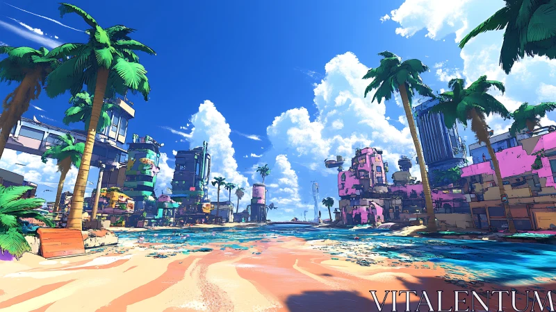 Futuristic Coastal City with Vibrant Architecture and Palm Trees.