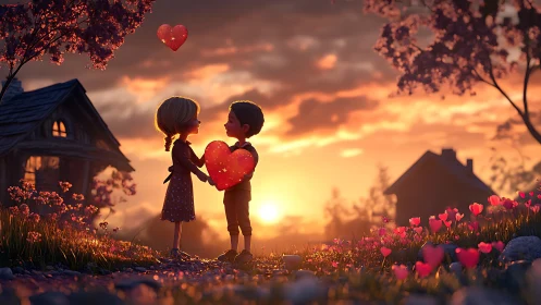 Two Children Share a Glowing Heart at Sunset.