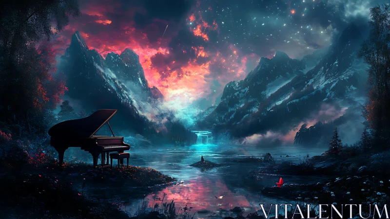 Moonlit piano dreaming beside a glowing waterfall sky.